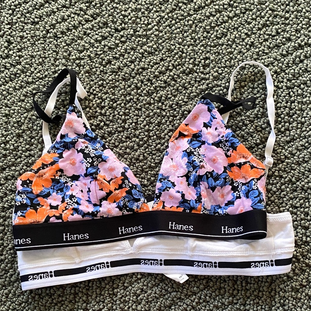 Hanes Floral Triangle Bralette in Black with Pink & Orange Flowers